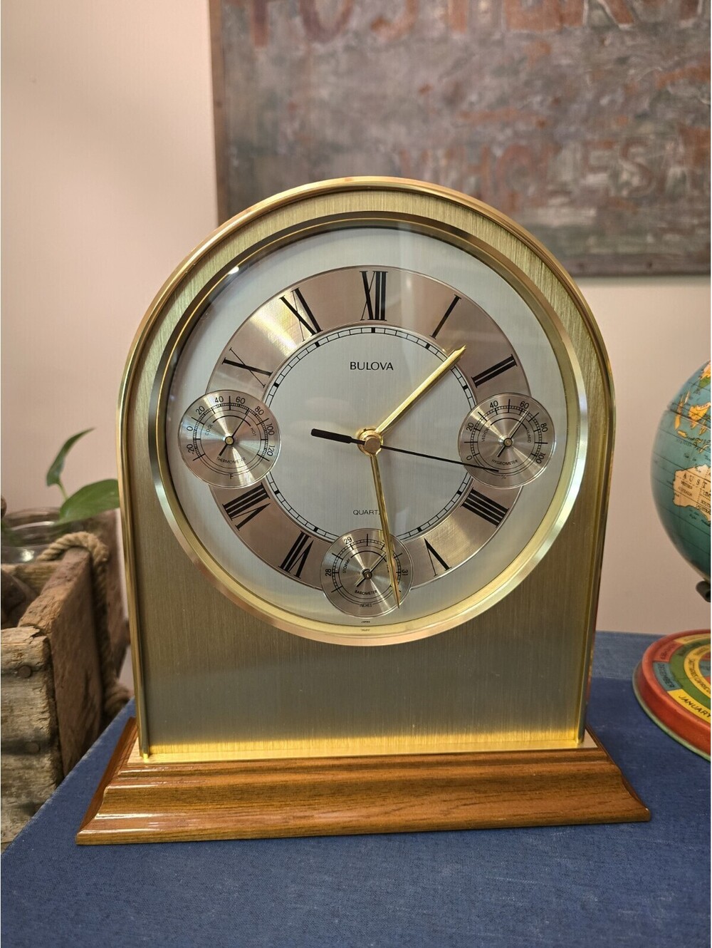 Vintage Bulova Gold Metal Mantel Clock Thermometer Barometer Hygrometer